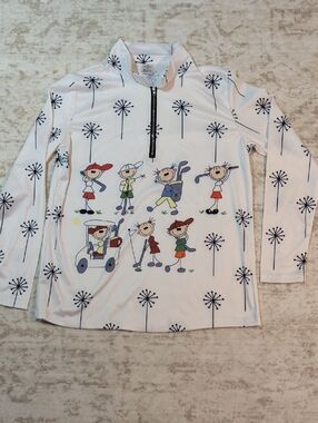 Women’s White Cowl Neck Pullover with Playful Golf Print